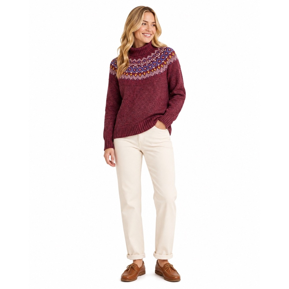 LL Bean Maroon Fair Isle Mock Neck Sweater Womens‎ Small Textured Knit Pullover